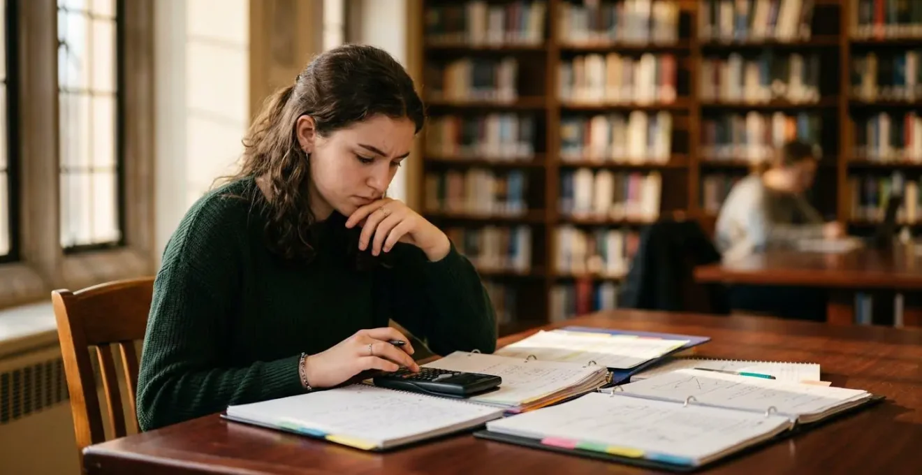 Élève de terminale entouré de dossiers scolaires analysant ses bulletins dans une bibliothèque lumineuse