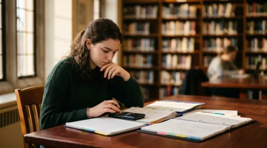 Élève de terminale entouré de dossiers scolaires analysant ses bulletins dans une bibliothèque lumineuse