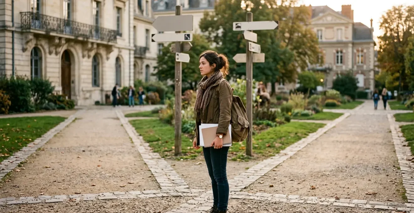 Étudiant à la croisée des chemins représentant la réorientation post-bac