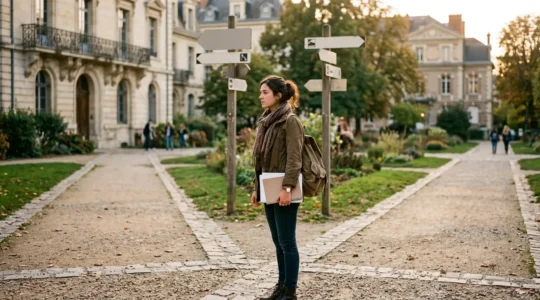 Étudiant à la croisée des chemins représentant la réorientation post-bac