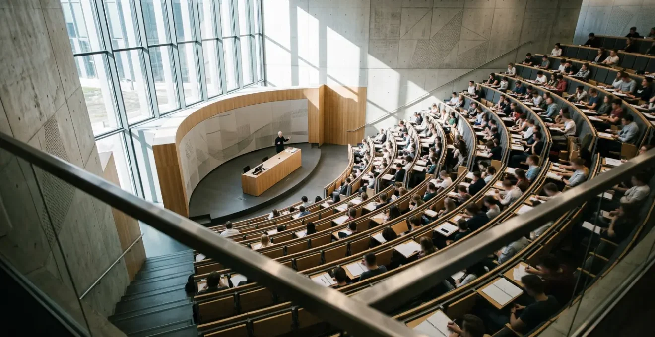 Vue panoramique d'un amphithéâtre moderne avec étudiants attentifs et architecture prestigieuse