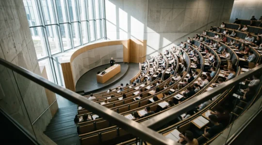 Vue panoramique d'un amphithéâtre moderne avec étudiants attentifs et architecture prestigieuse