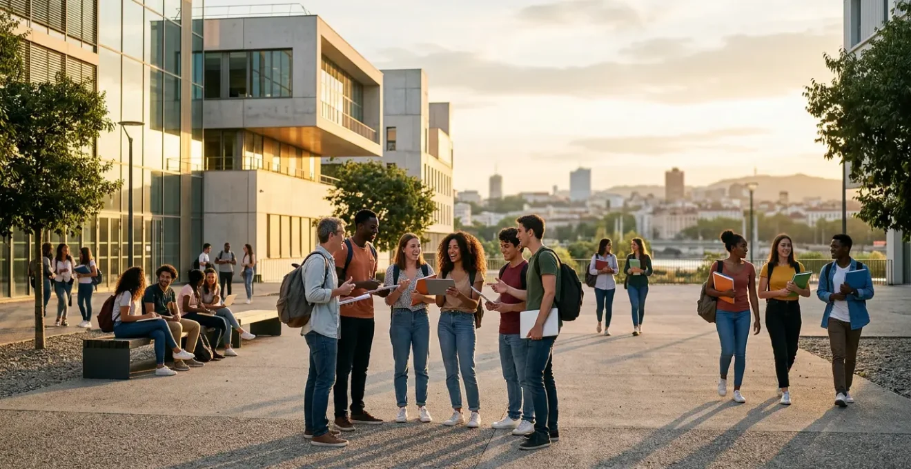 Vue panoramique moderne des campus lyonnais avec étudiants en discussion