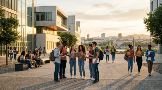 Vue panoramique moderne des campus lyonnais avec étudiants en discussion