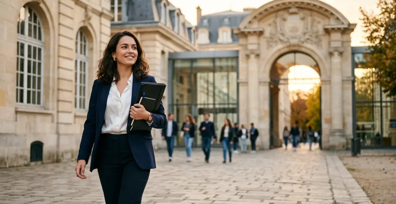 Étudiante déterminée devant le campus d'une grande école de commerce française