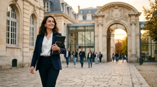 Étudiante déterminée devant le campus d'une grande école de commerce française