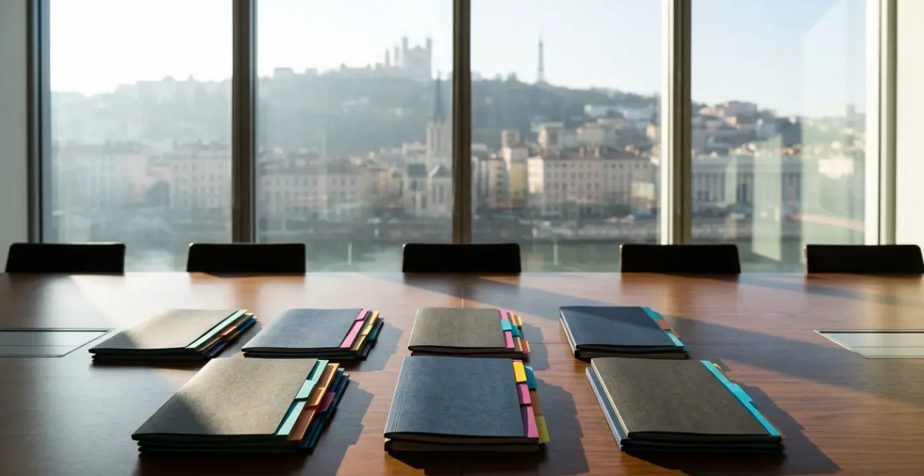 Bureau de jury d'admission avec dossiers d'étudiants et vue sur Lyon en arrière-plan