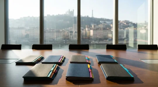 Bureau de jury d'admission avec dossiers d'étudiants et vue sur Lyon en arrière-plan