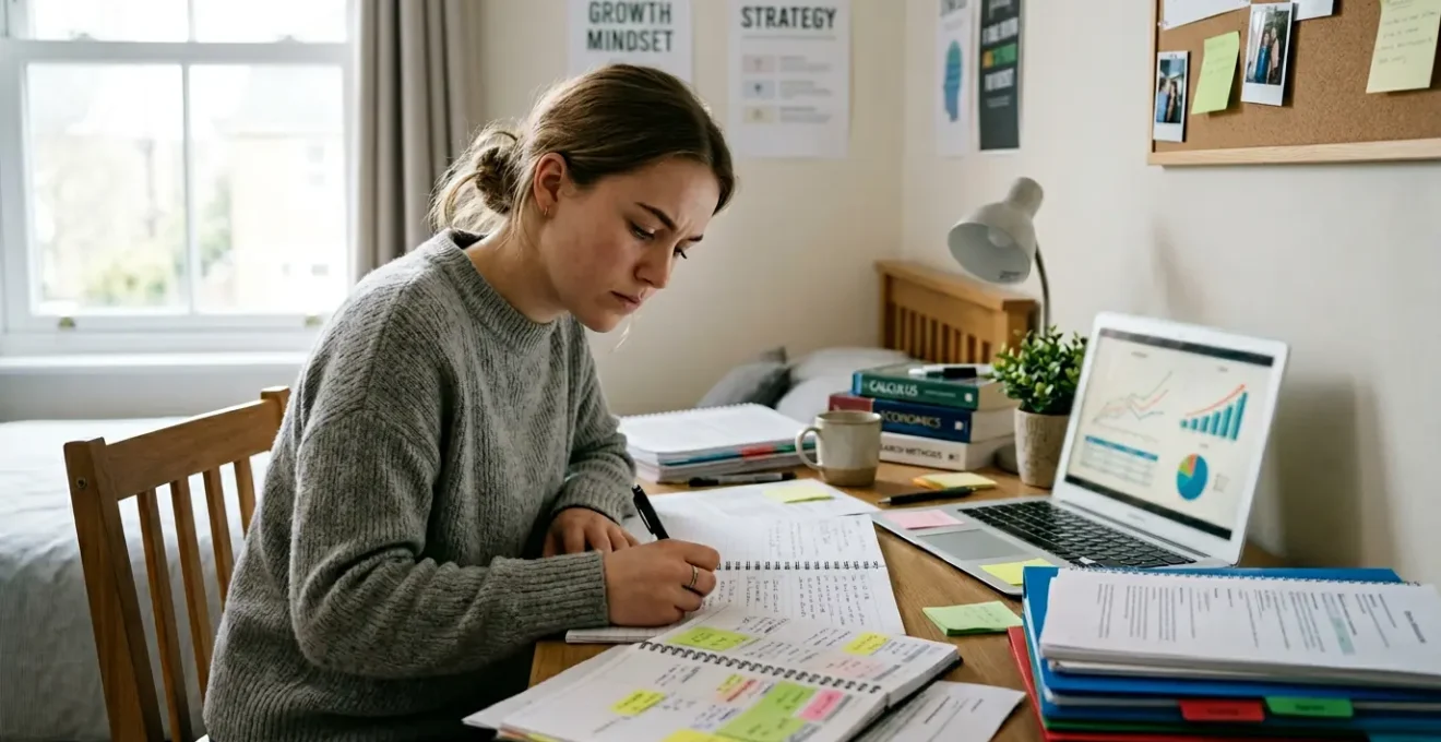 Lycéen travaillant sur son dossier scolaire avec bulletins et ordinateur portable sur un bureau organisé