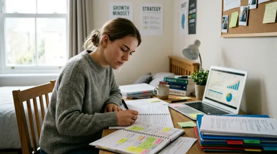 Lycéen travaillant sur son dossier scolaire avec bulletins et ordinateur portable sur un bureau organisé