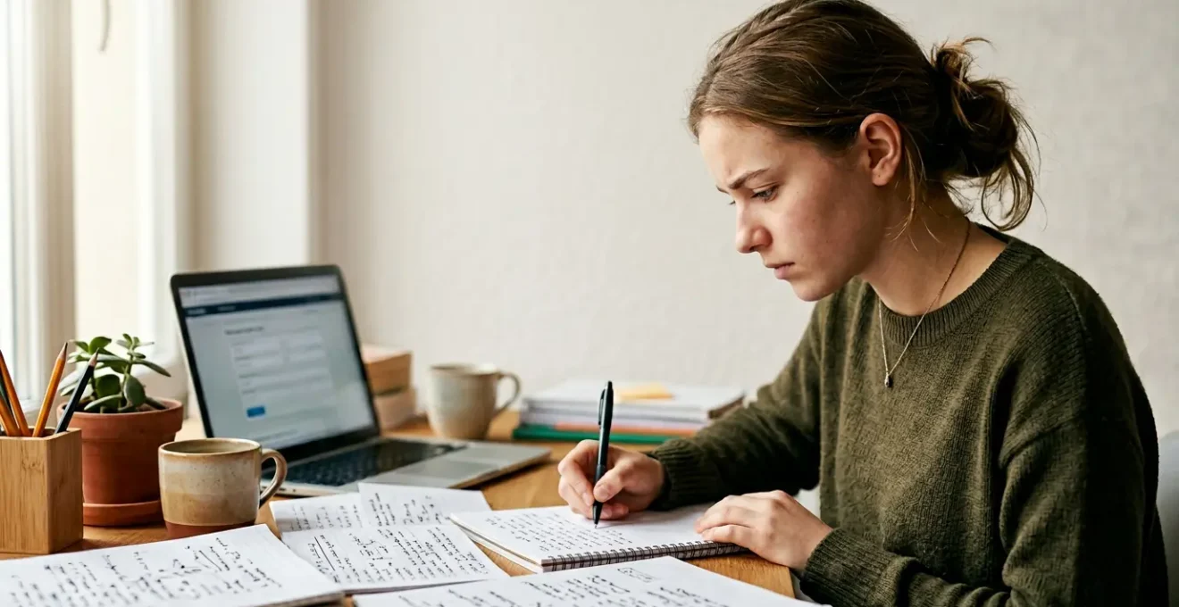 Jeune lycéen concentré sur la rédaction de sa lettre de motivation Parcoursup dans un environnement studieux