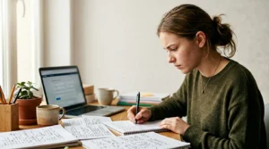 Jeune lycéen concentré sur la rédaction de sa lettre de motivation Parcoursup dans un environnement studieux