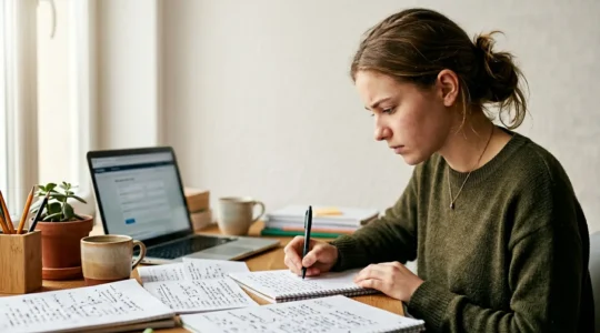 Jeune lycéen concentré sur la rédaction de sa lettre de motivation Parcoursup dans un environnement studieux