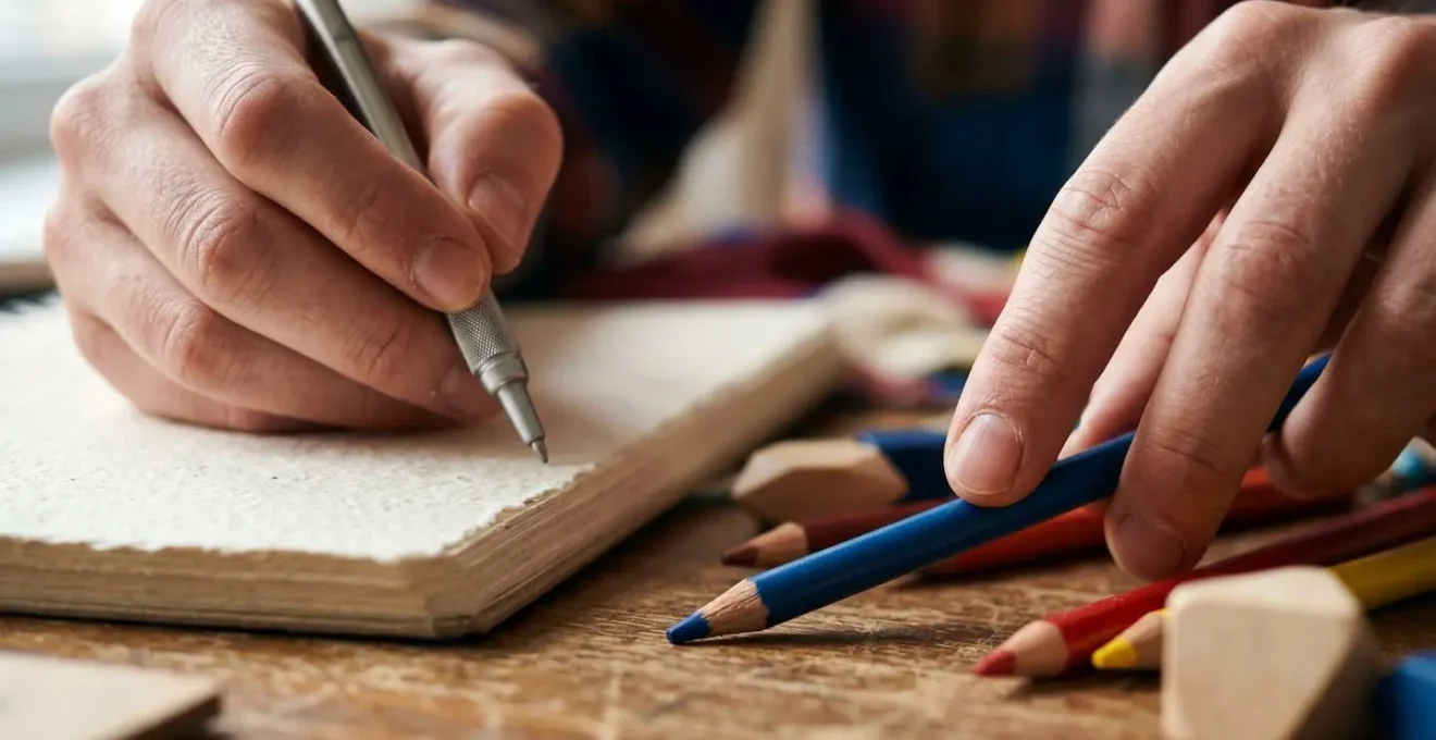 Gros plan sur des mains alternant entre écriture dans un carnet et manipulation d'objets créatifs, illustrant la variation des tâches.