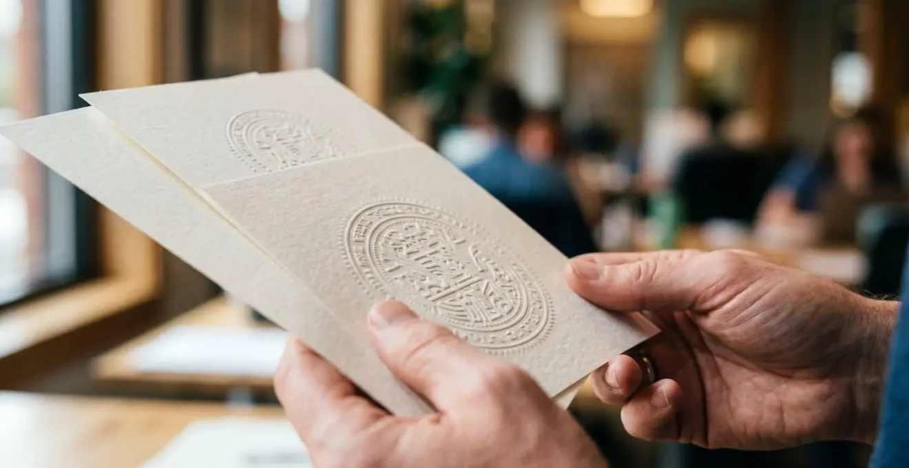 Gros plan sur des mains tenant des documents de certification avec mise au point sélective
