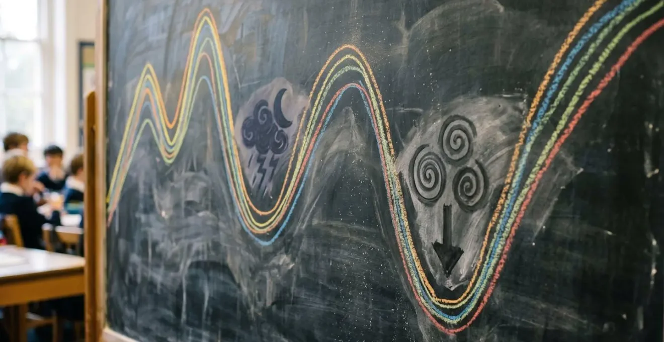 Graphique manuscrit sur un tableau noir montrant les hauts et bas émotionnels d'une année de prépa avec des courbes colorées