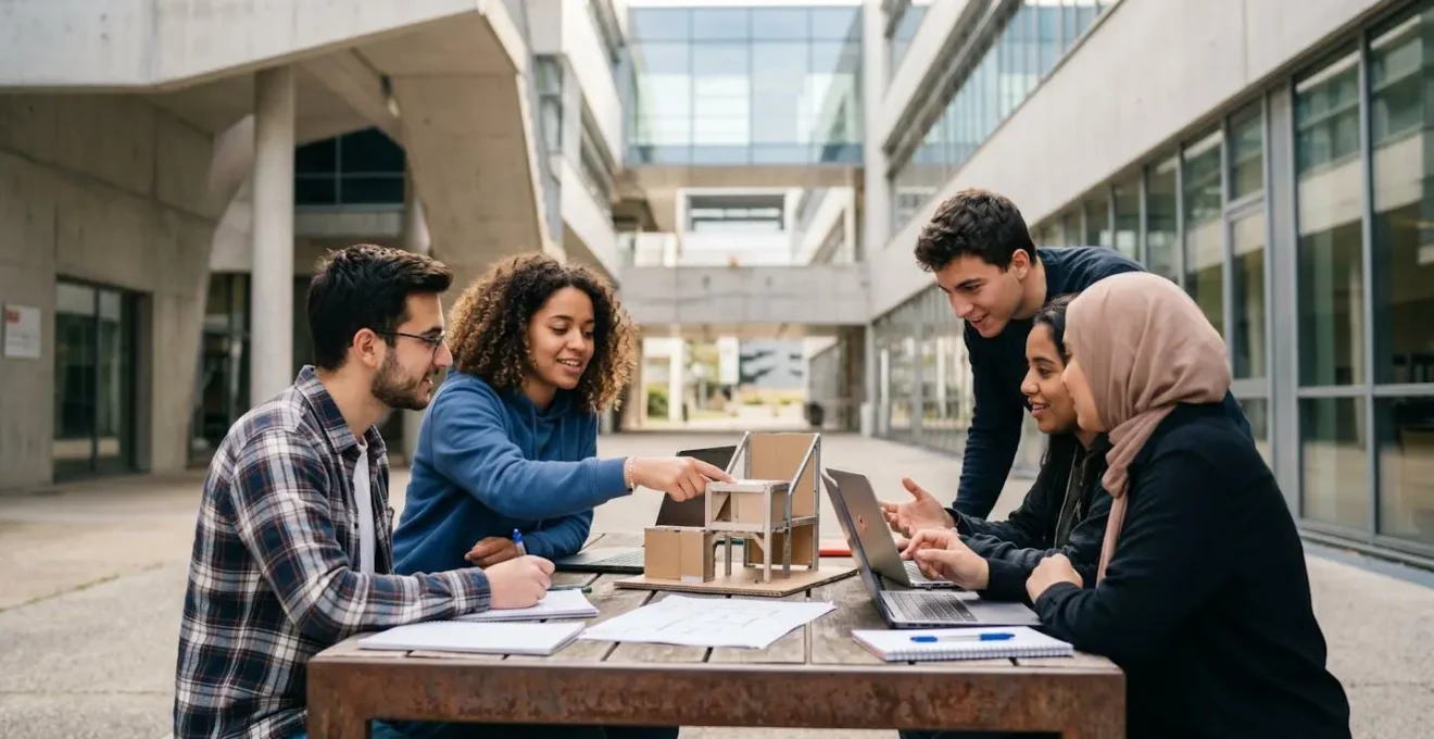 Étudiants travaillant en groupe sur le campus de La Doua avec architecture moderne