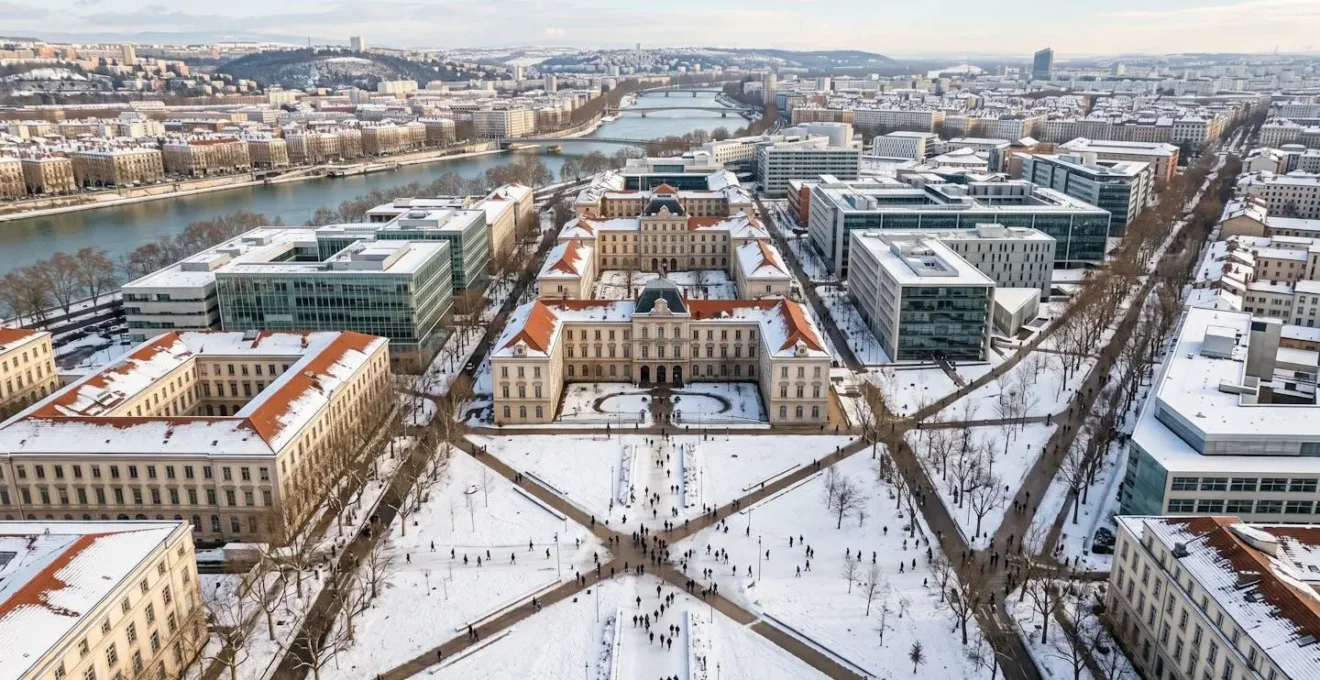 Vue aérienne d'un campus universitaire lyonnais en hiver, symbolisant les nombreuses opportunités de formation.