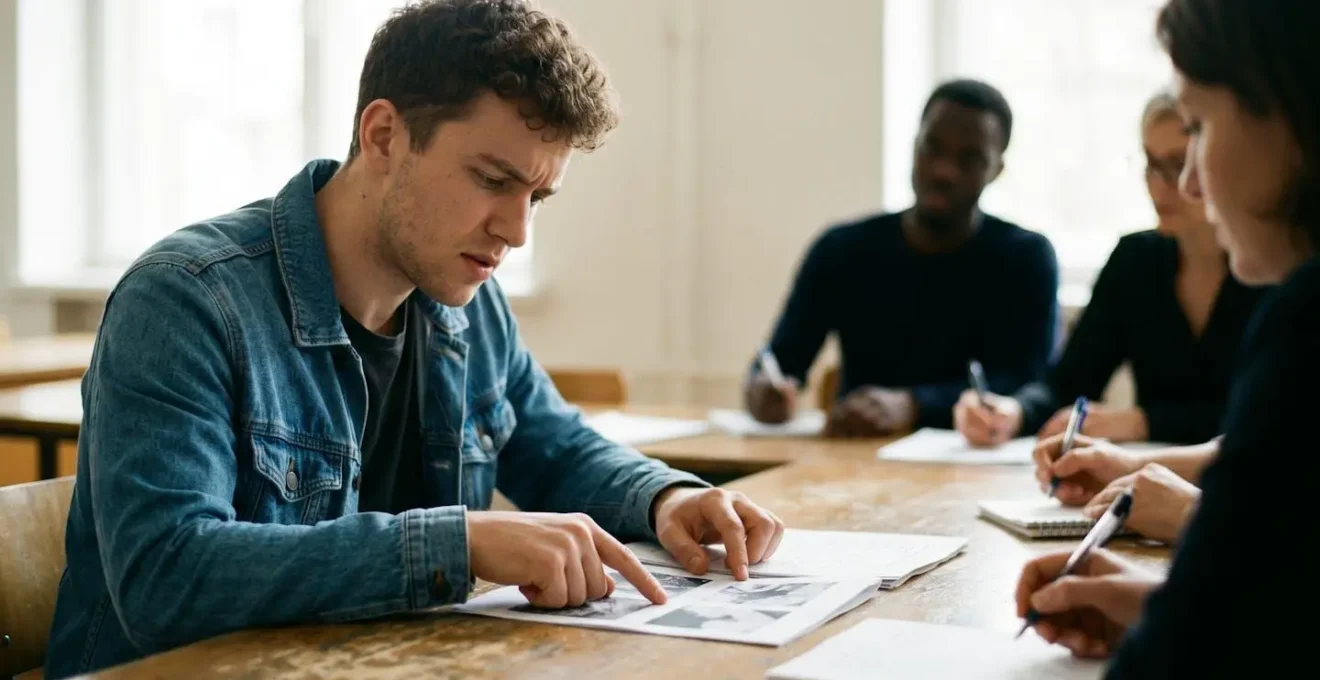Candidat analysant des articles de presse devant un jury lors d'un oral de concours