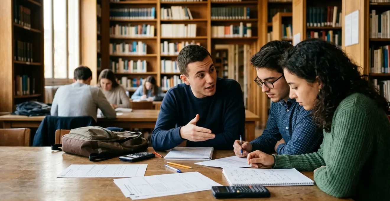 Étudiants en classe préparatoire planifiant leurs inscriptions aux concours dans une bibliothèque universitaire