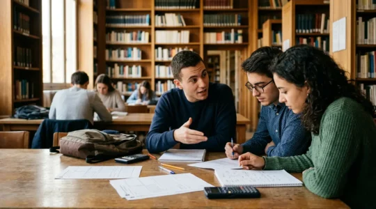 Étudiants en classe préparatoire planifiant leurs inscriptions aux concours dans une bibliothèque universitaire