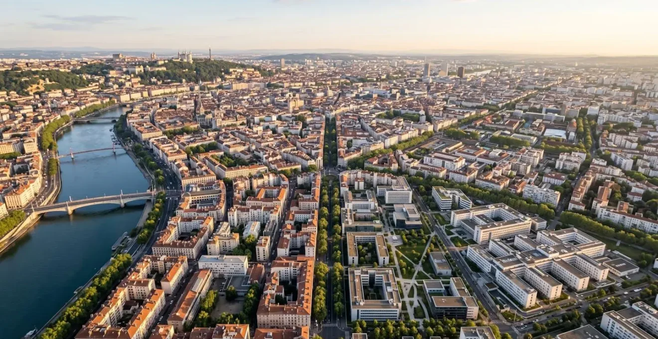 Vue aérienne des campus universitaires de Lyon avec les temps de trajet entre les sites