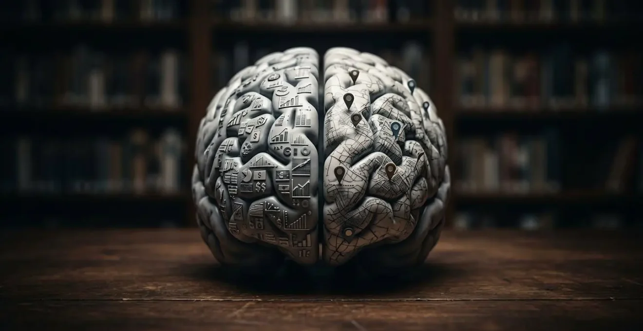 Représentation symbolique d'un cerveau partagé entre concepts économiques et cartes géopolitiques