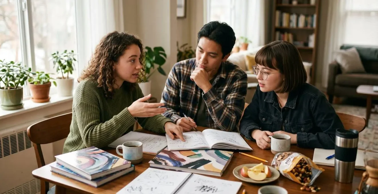 Étudiants en prépa travaillant ensemble autour d'une table dans un appartement en colocation