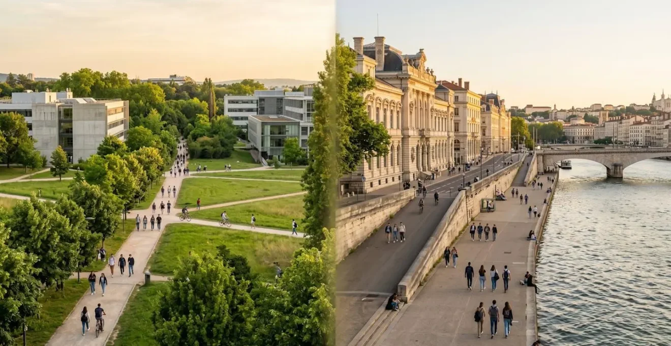 Vue contrastée montrant l'espace vert de La Doua et l'architecture historique des Quais