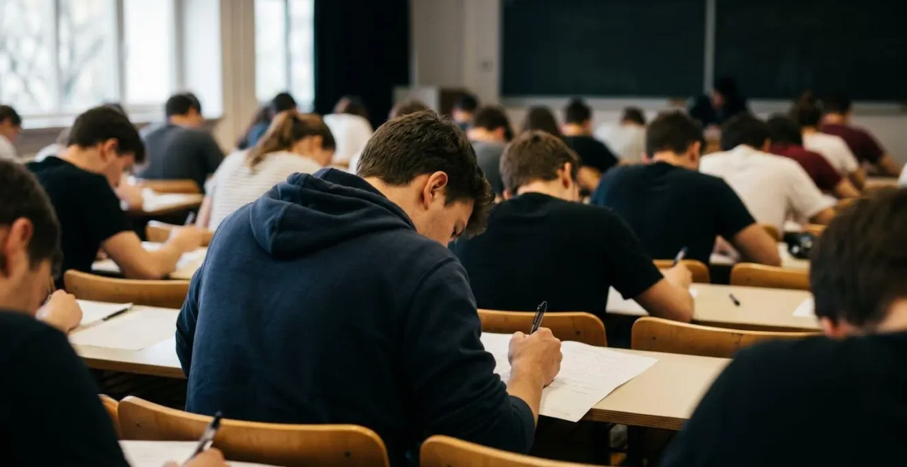 Salle de classe vue de l'arrière avec des élèves penchés sur leurs copies lors d'un examen
