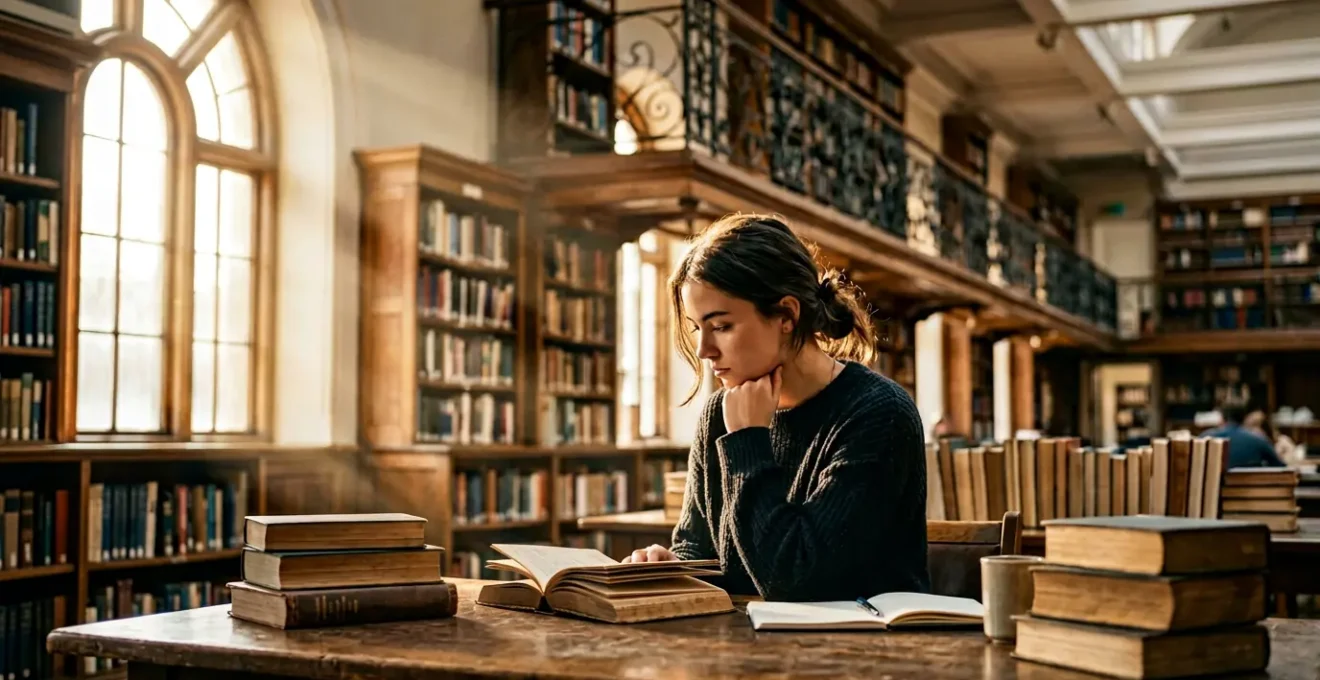 Étudiant concentré dans une bibliothèque prestigieuse préparant les concours d'excellence