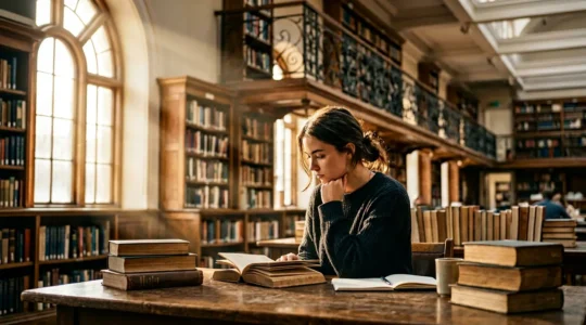 Étudiant concentré dans une bibliothèque prestigieuse préparant les concours d'excellence