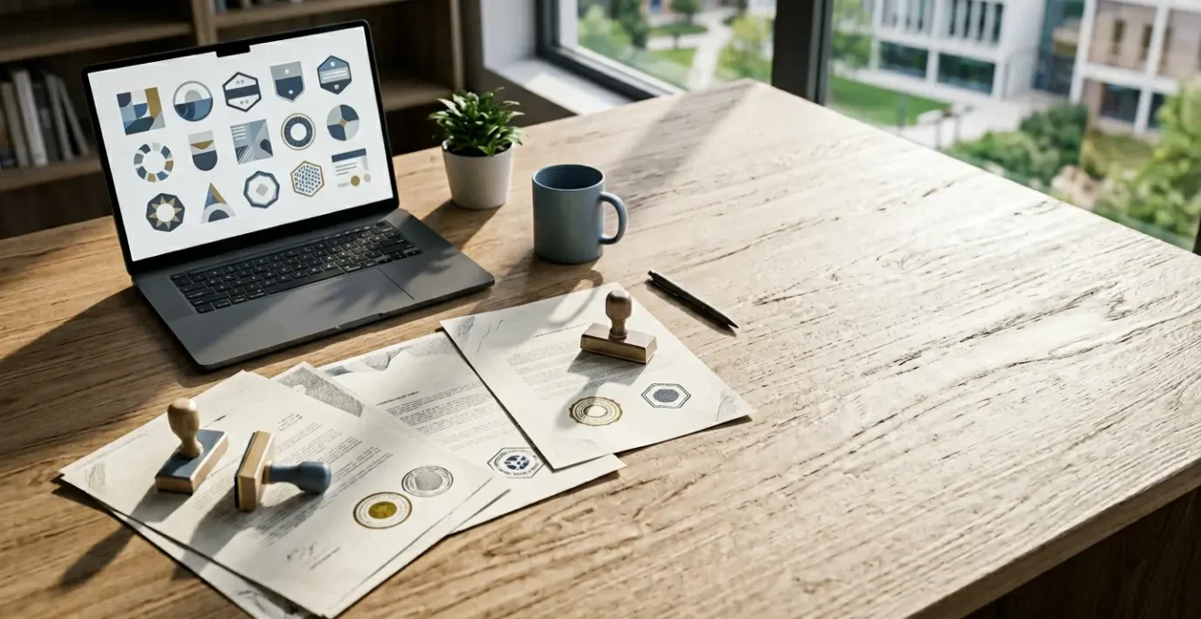 Vue en plongée d'un bureau moderne avec documents de certification, tampons officiels et ordinateur portable montrant des logos d'accréditation
