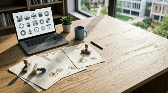 Vue en plongée d'un bureau moderne avec documents de certification, tampons officiels et ordinateur portable montrant des logos d'accréditation