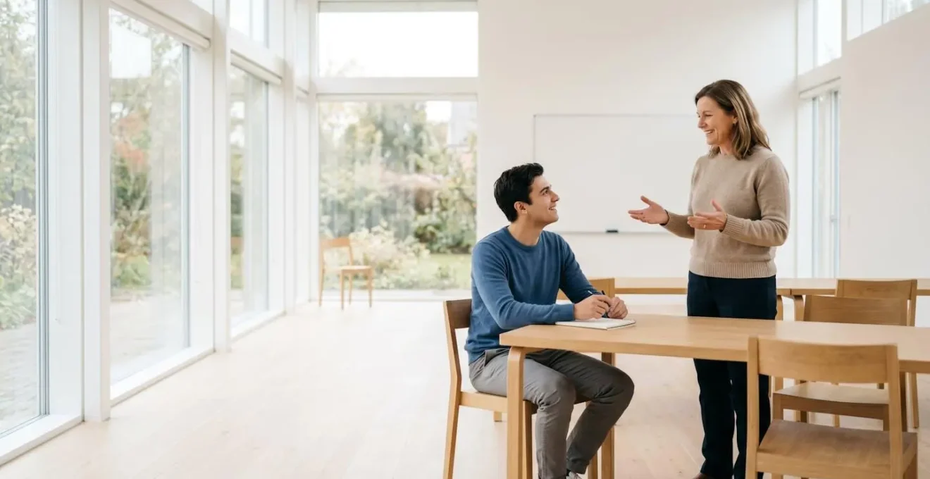 Discussion bienveillante entre un professeur et un étudiant après une colle