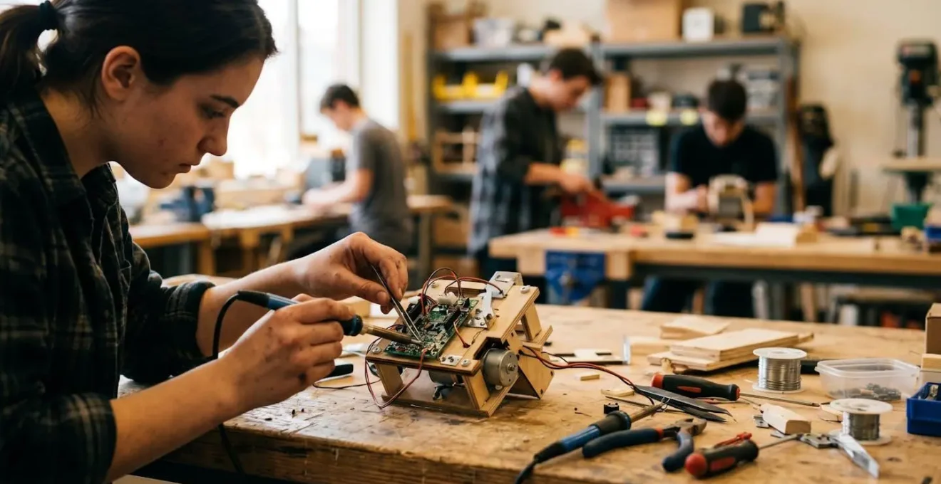 Espace de prototypage avec étudiants créant des projets innovants