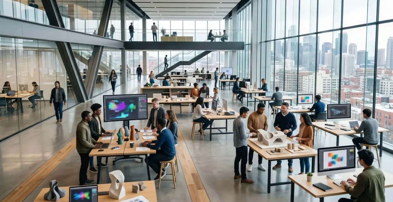 Vue immersive d'un hub collaboratif entre étudiants et professionnels du luxe