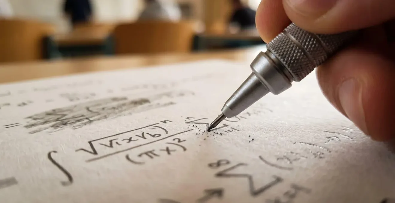 Élève de terminale concentré sur des exercices de mathématiques dans une salle de classe lumineuse