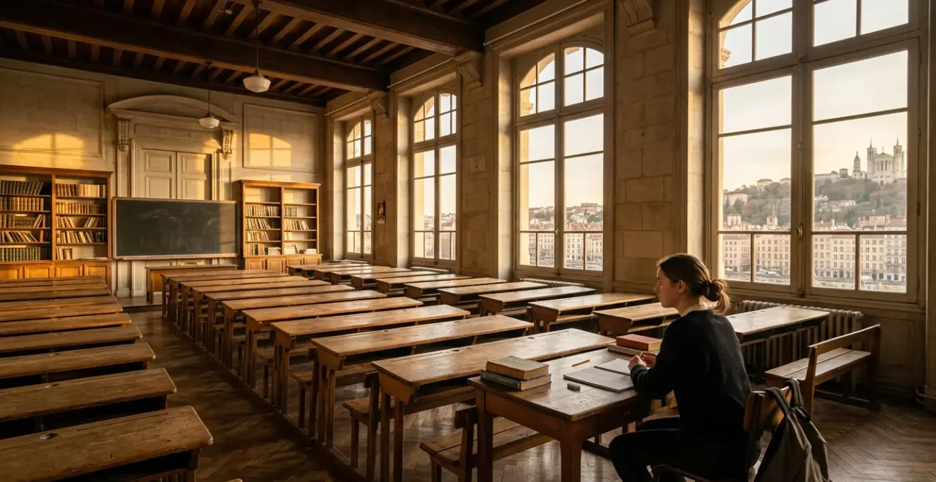 Un étudiant en prépa assis dans une salle de classe lyonnaise historique avec de grandes fenêtres, concentré sur ses notes pendant une fin d'après-midi