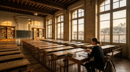 Un étudiant en prépa assis dans une salle de classe lyonnaise historique avec de grandes fenêtres, concentré sur ses notes pendant une fin d'après-midi