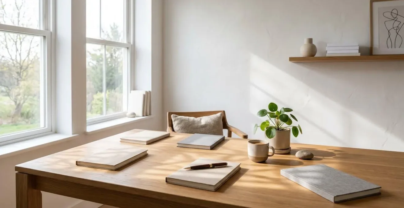 Bureau minimaliste avec cahiers et stylo suggérant la réflexion et l'écriture