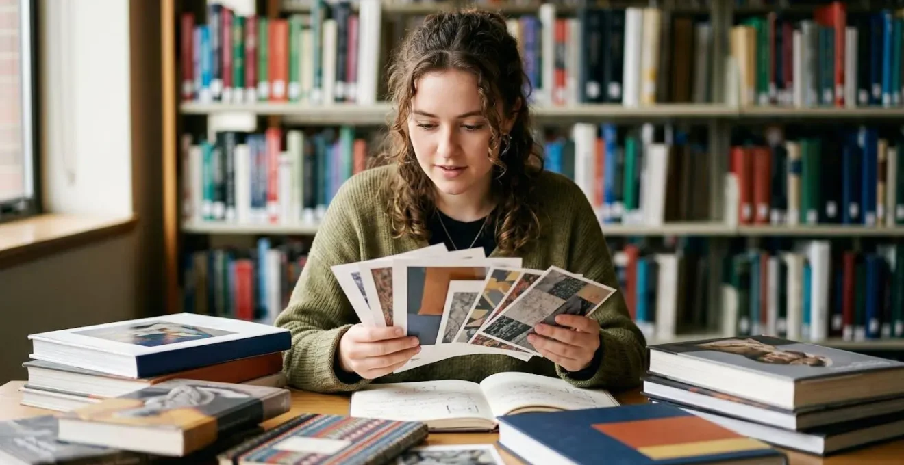 Étudiant entouré de livres d'art et références culturelles dans une bibliothèque