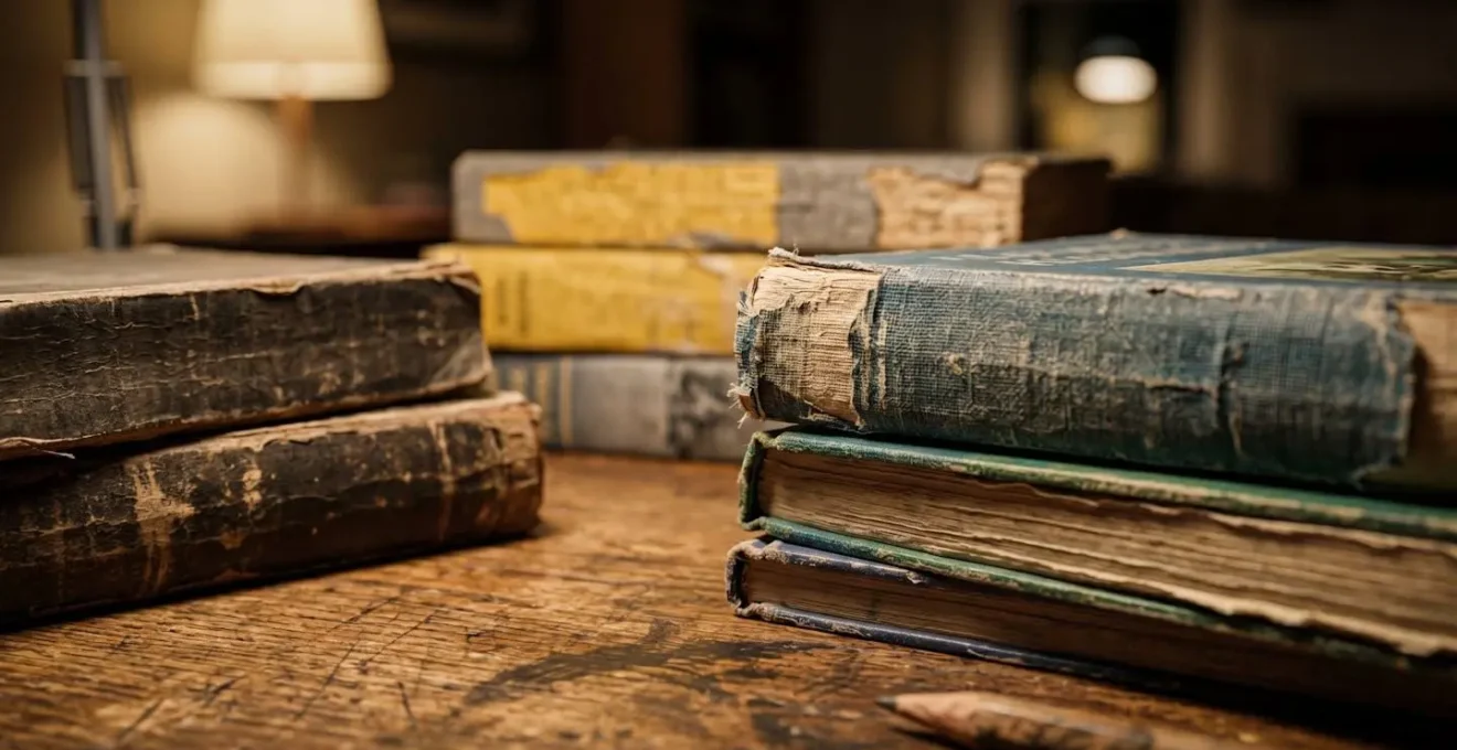 Vue macro d'un bureau d'étudiant le soir avec trois piles de livres de matières différentes sous une lampe de bureau