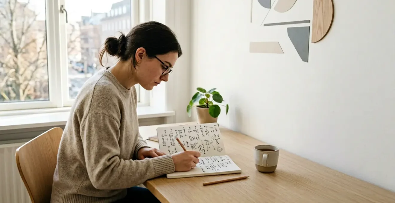 Étudiant concentré travaillant sur des exercices de mathématiques dans un espace d'étude lumineux