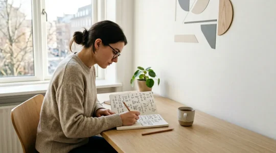 Étudiant concentré travaillant sur des exercices de mathématiques dans un espace d'étude lumineux