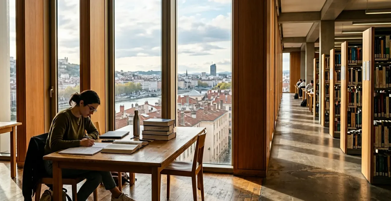 Étudiant en médecine travaillant dans une bibliothèque universitaire lumineuse avec vue sur Lyon
