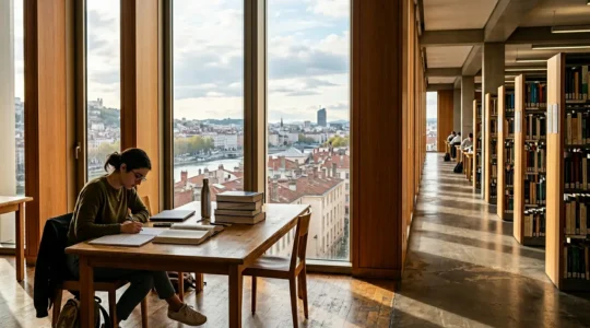 Étudiant en médecine travaillant dans une bibliothèque universitaire lumineuse avec vue sur Lyon