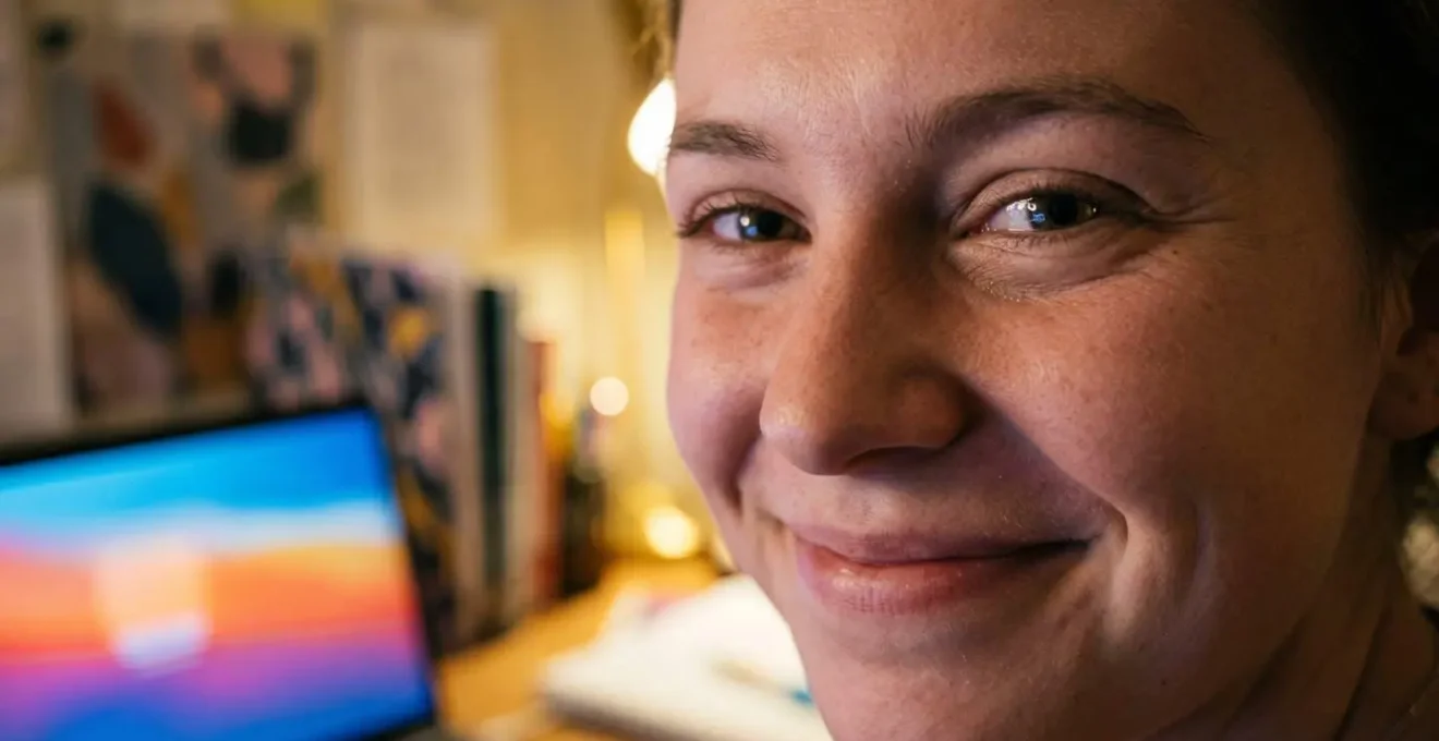 Étudiant souriant lors d'un appel vidéo avec sa famille depuis sa chambre d'internat