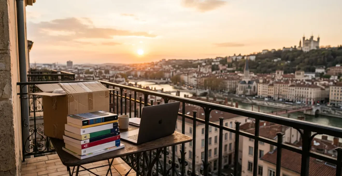 Étudiant en classe préparatoire contemplant la ville de Lyon depuis un balcon, entre livres et cartons de déménagement