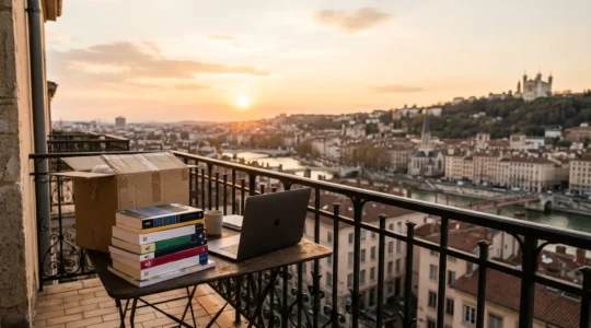 Étudiant en classe préparatoire contemplant la ville de Lyon depuis un balcon, entre livres et cartons de déménagement